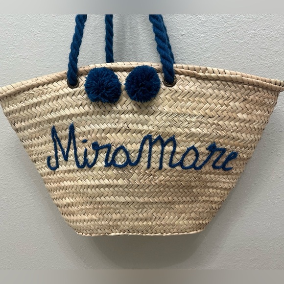 Trendy Straw Woven Beach Bag Vacation Tote with Pom Poms and Miramare Lettering - Picture 1 of 8